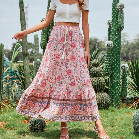 Boho Pink Floral Tassel Ruffle Maxi Skirt Gypsy - Picture 5 of 15